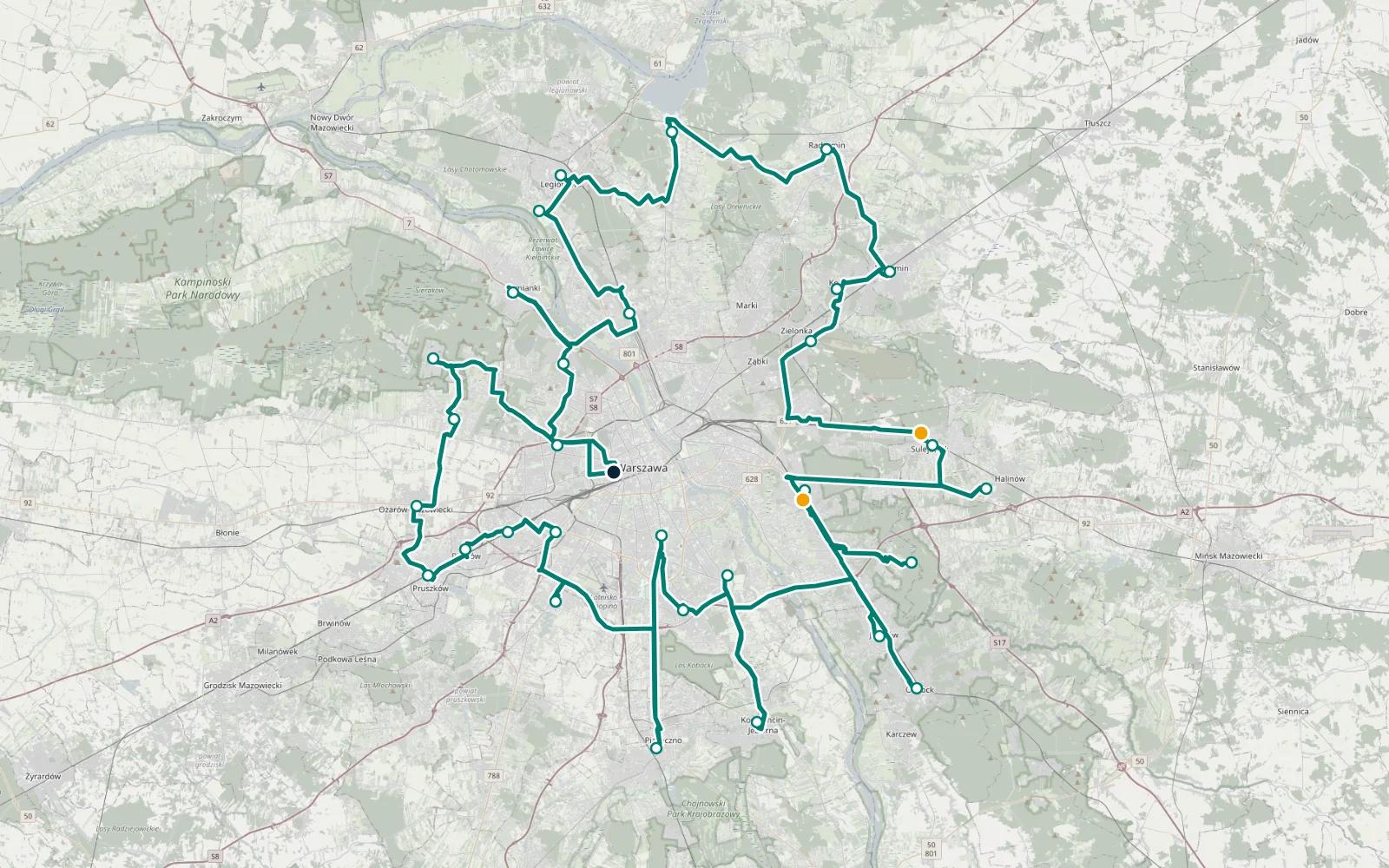 Mapa przykładowej trasy z punktami klientów, bazą i postojem ładowania